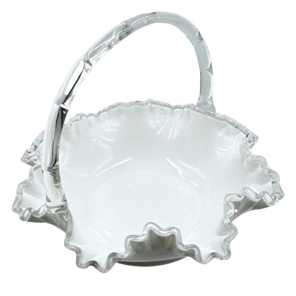 Vintage Fenton Silver Crest Bridal Basket White Ruffled Clear Edges Handle Large - Picture 9 of 16